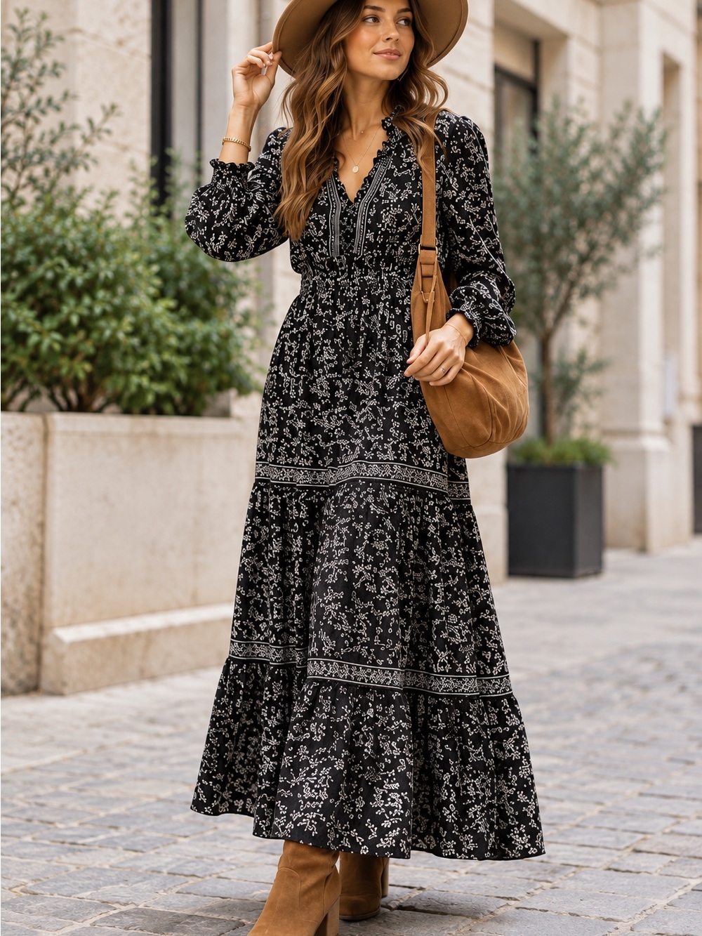 Max Studio Black Floral Boho Maxi Dress Long Sleeve Tiered | Size L